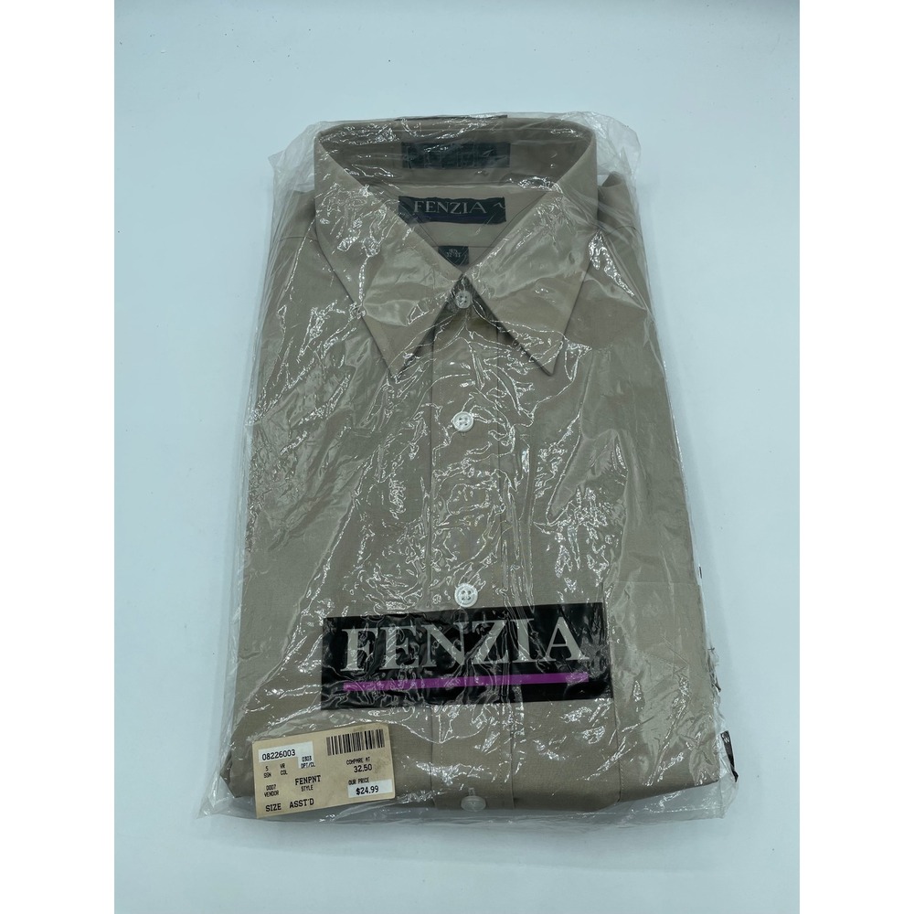 Fenzia Mens Tan Khaki Dress Shirt Long Sleeve Cotton Blend 16.5 32-33 NIB